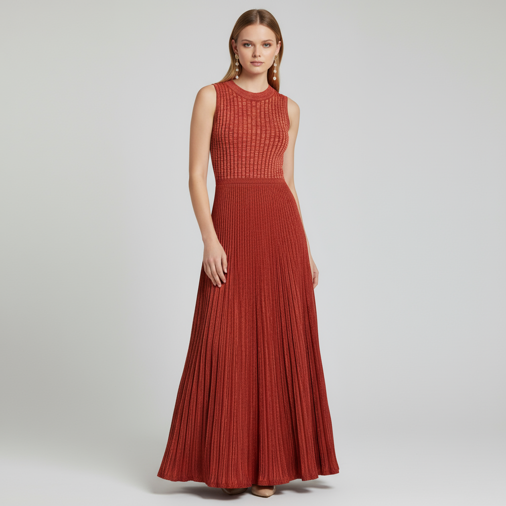 Женское макси-платье в рубчик без рукавов терракотового цвета с элегантным расклешенным дизайном на заказ