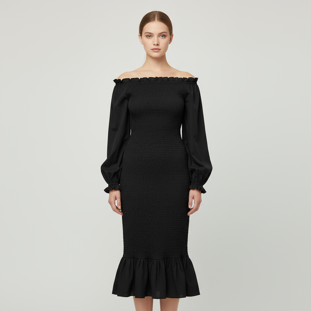 Женское черное миди-платье в стиле русалки с открытыми плечами и пышными рукавами, выполненное в элегантном официальном стиле на заказ