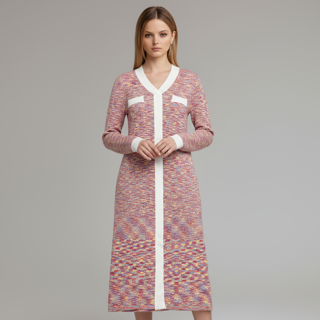 Женское платье миди из многоцветного твидового трикотажа с контрастной отделкой - Классический элегантный дизайн на заказ