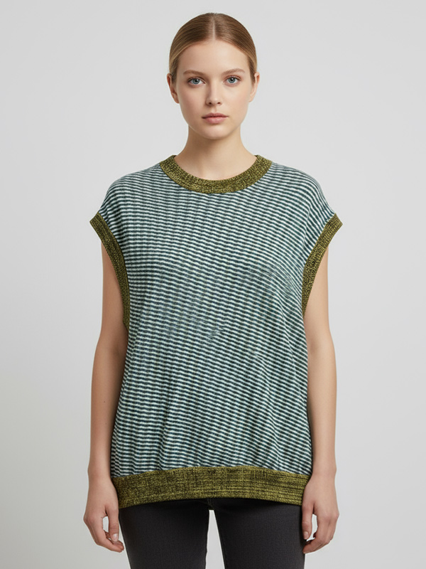 Женский вязаный топ без рукавов в бирюзовую и оливковую волнистую полоску - Индивидуальный дизайн с контрастной отделкой