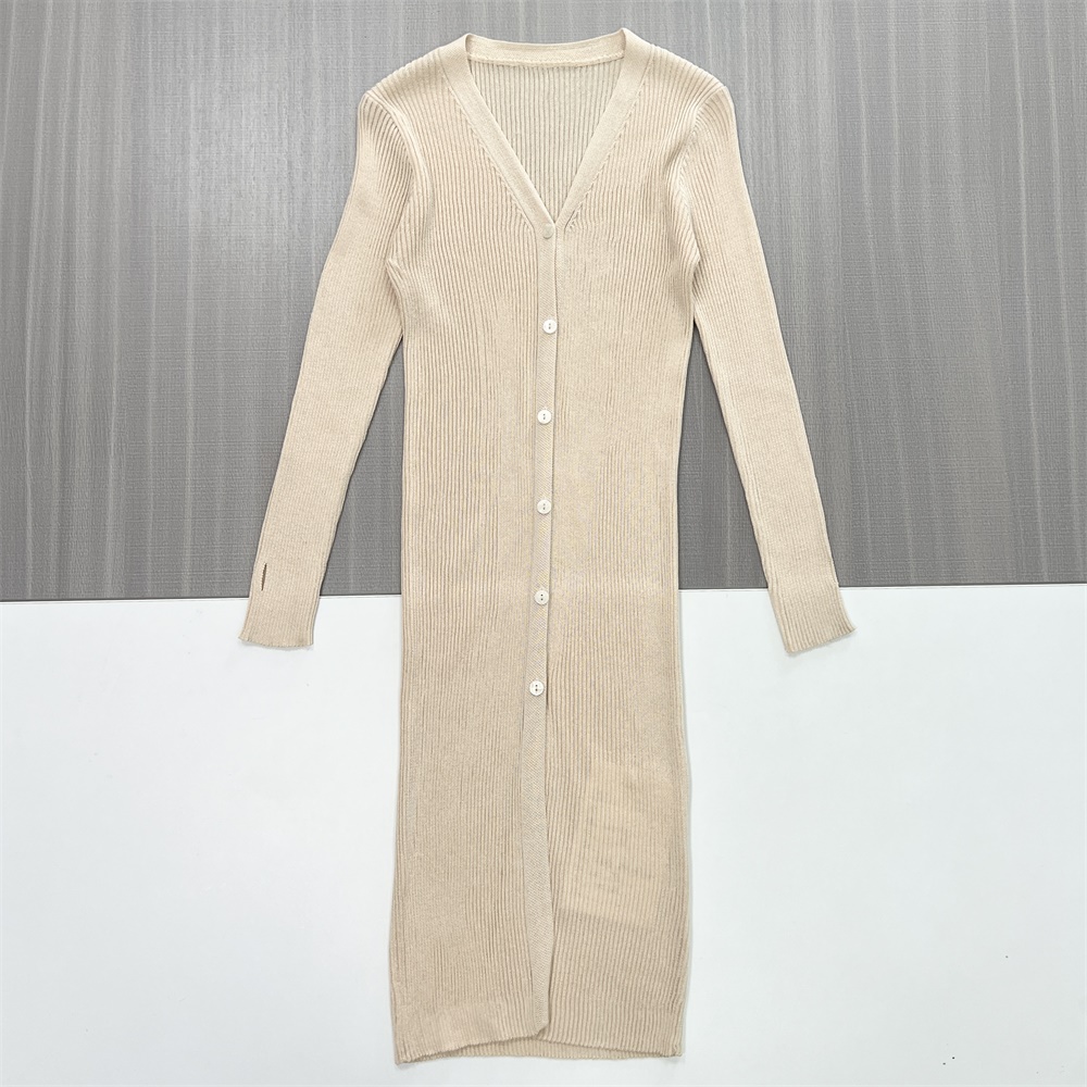 Женское бежевое макси-платье в рубчик с V-образным вырезом и пуговицами спереди - Приталенный элегантный дизайн на заказ