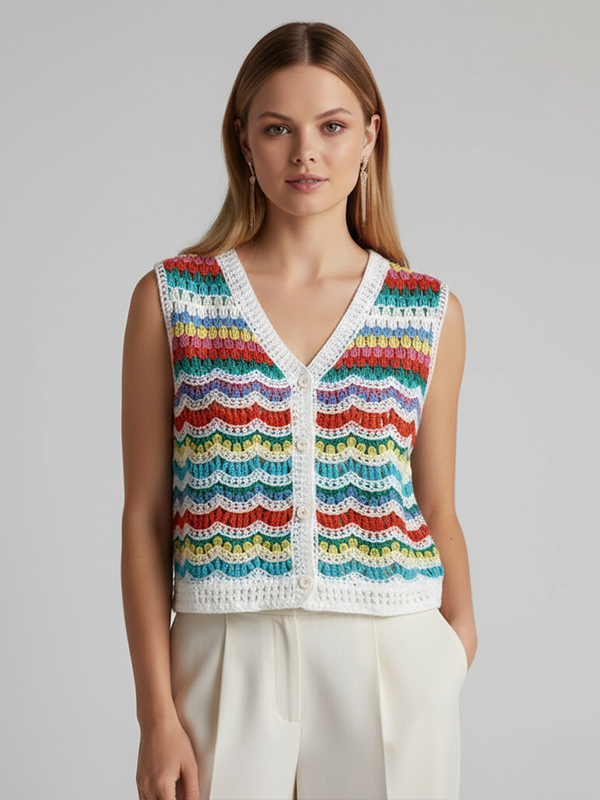 Женский вязаный крючком жилет без рукавов с радужным шевроном - индивидуальный ажурный дизайн в богемном стиле