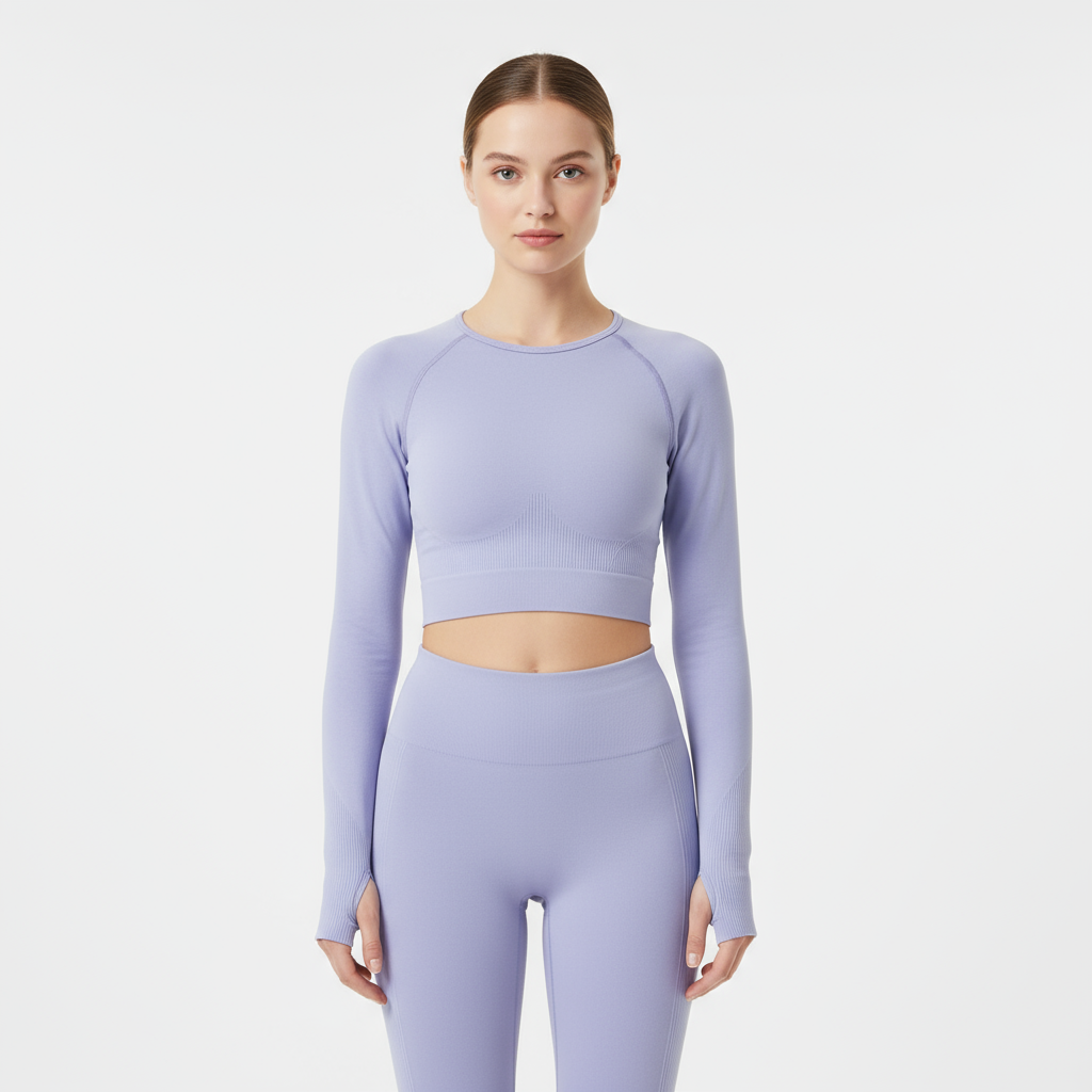 Женский укороченный топ лавандового цвета с длинными рукавами - специальная облегающая одежда для активного отдыха