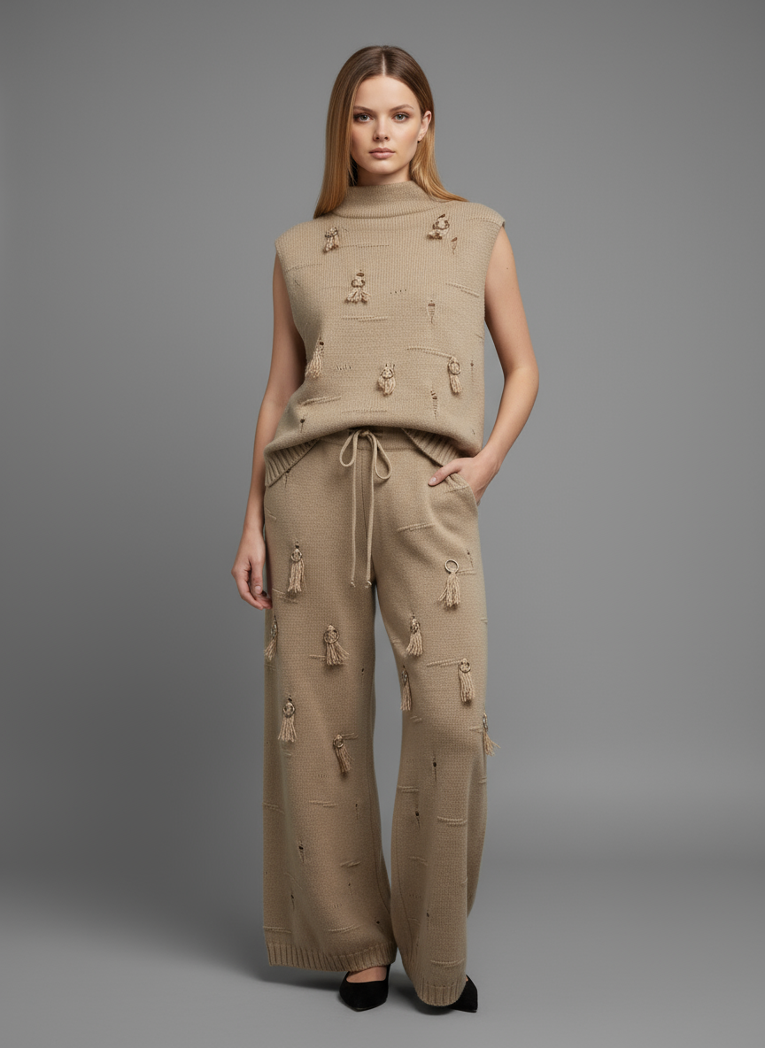 Женский вязаный жилет из верблюжьей шерсти с потертостями и широкие брюки в комплекте - оригинальный дизайн в стиле Коорди
