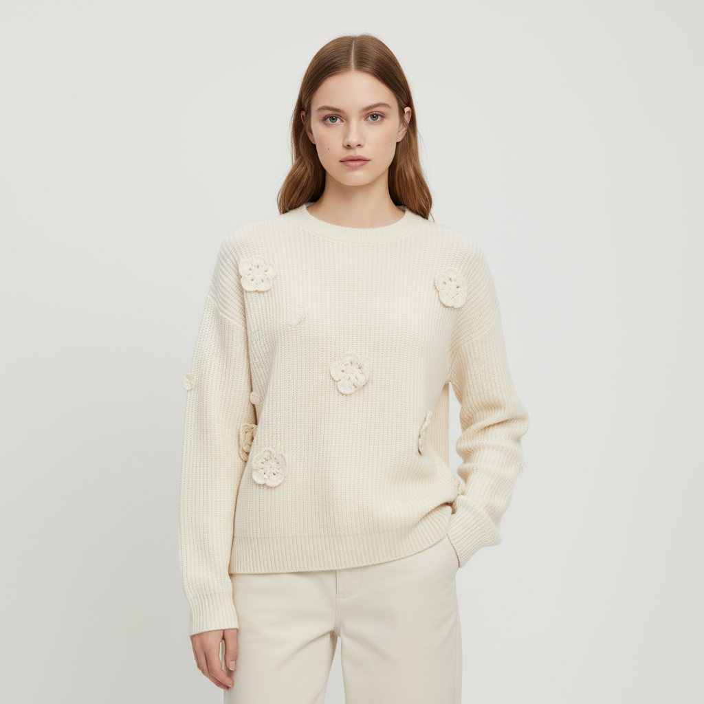 Женский свитер в рубчик цвета слоновой кости с 3D цветочными украшениями - женская повседневная одежда на заказ