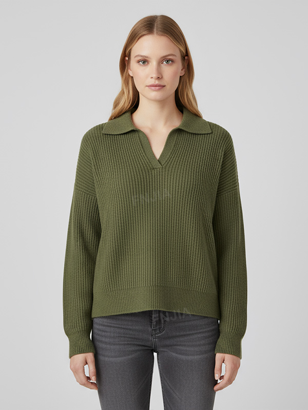 Женский вязаный топ-поло оливково-зеленого цвета с воротником в рубчик и длинными рукавами - Непринужденная повседневная одежда на заказ