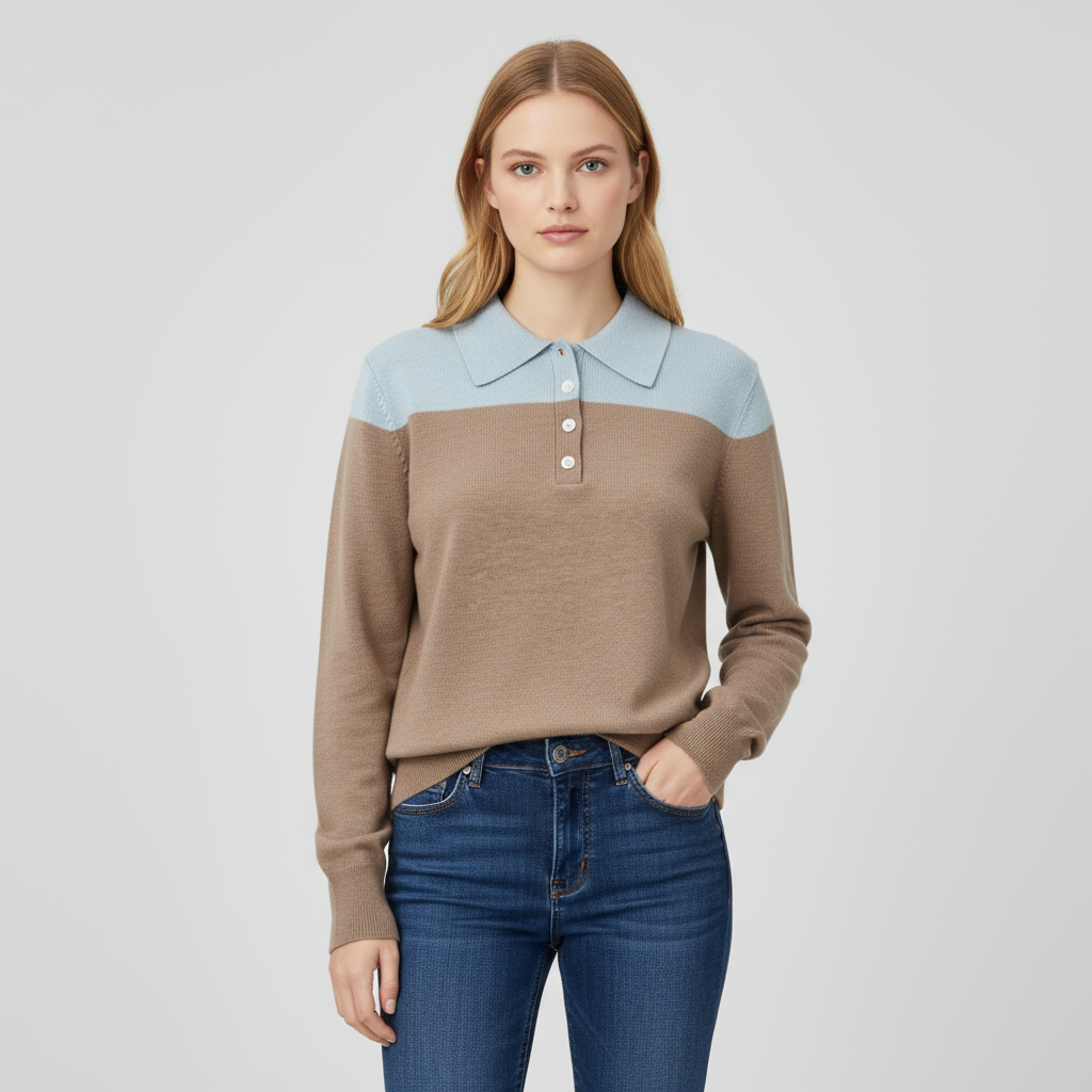 Женский вязаный топ поло с двухцветным воротником и длинными рукавами - Изысканная повседневная одежда на заказ