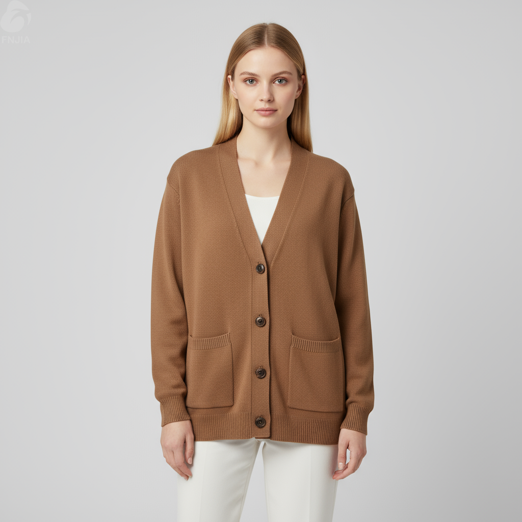Женский вязаный кардиган Camel Oversize с V-образным вырезом и карманами - повседневная одежда в стиле минимализма на заказ