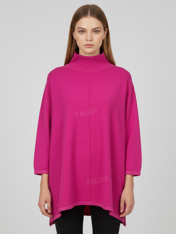 Женский свитер-пончо оверсайз цвета фуксии с высоким воротом и рукавами 3/4 - стильная повседневная одежда на заказ