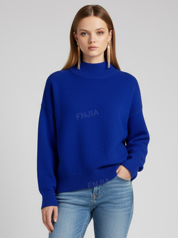 Женский свитер оверсайз королевского синего цвета с имитацией шеи - стильная повседневная одежда на заказ