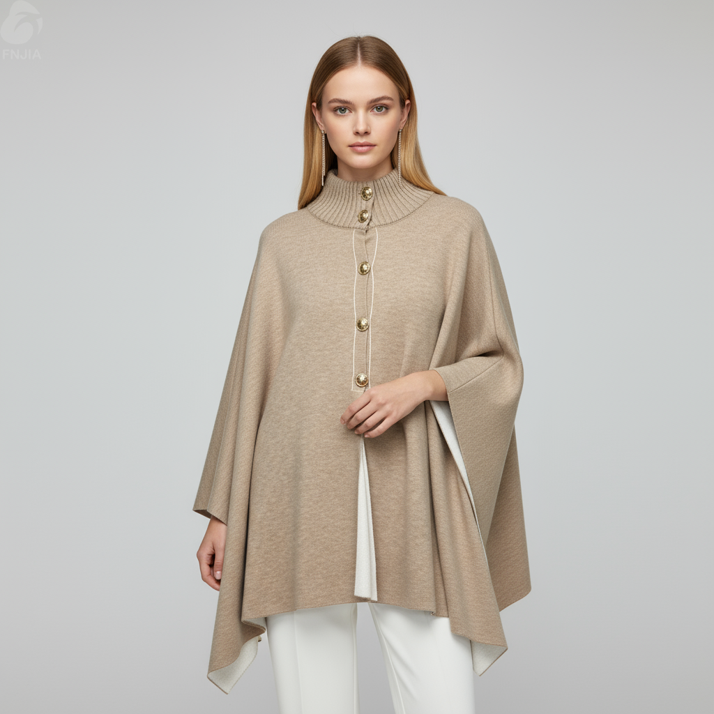 Женское бежевое вязаное пончо-водолазка с контрастной отделкой - Элегантная одежда на заказ