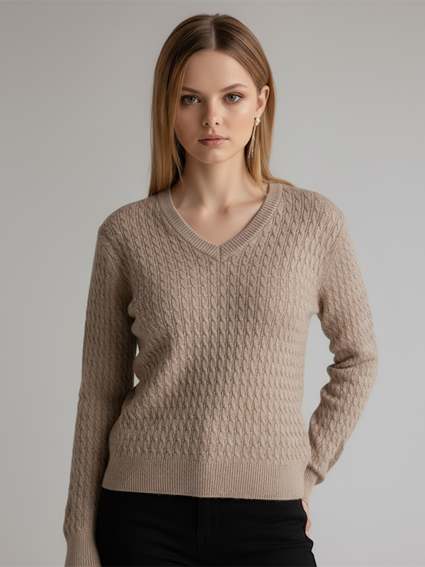 Женский бежевый вязаный свитер с V-образным вырезом и длинными рукавами - Стильная повседневная одежда с необычной текстурой