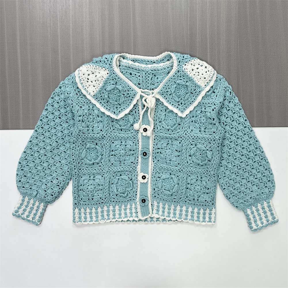 Женский вязаный кардиган мятно-зеленого цвета с воротником-стойкой и цветочными деталями - Винтажная одежда на заказ-Милая повседневная одежда