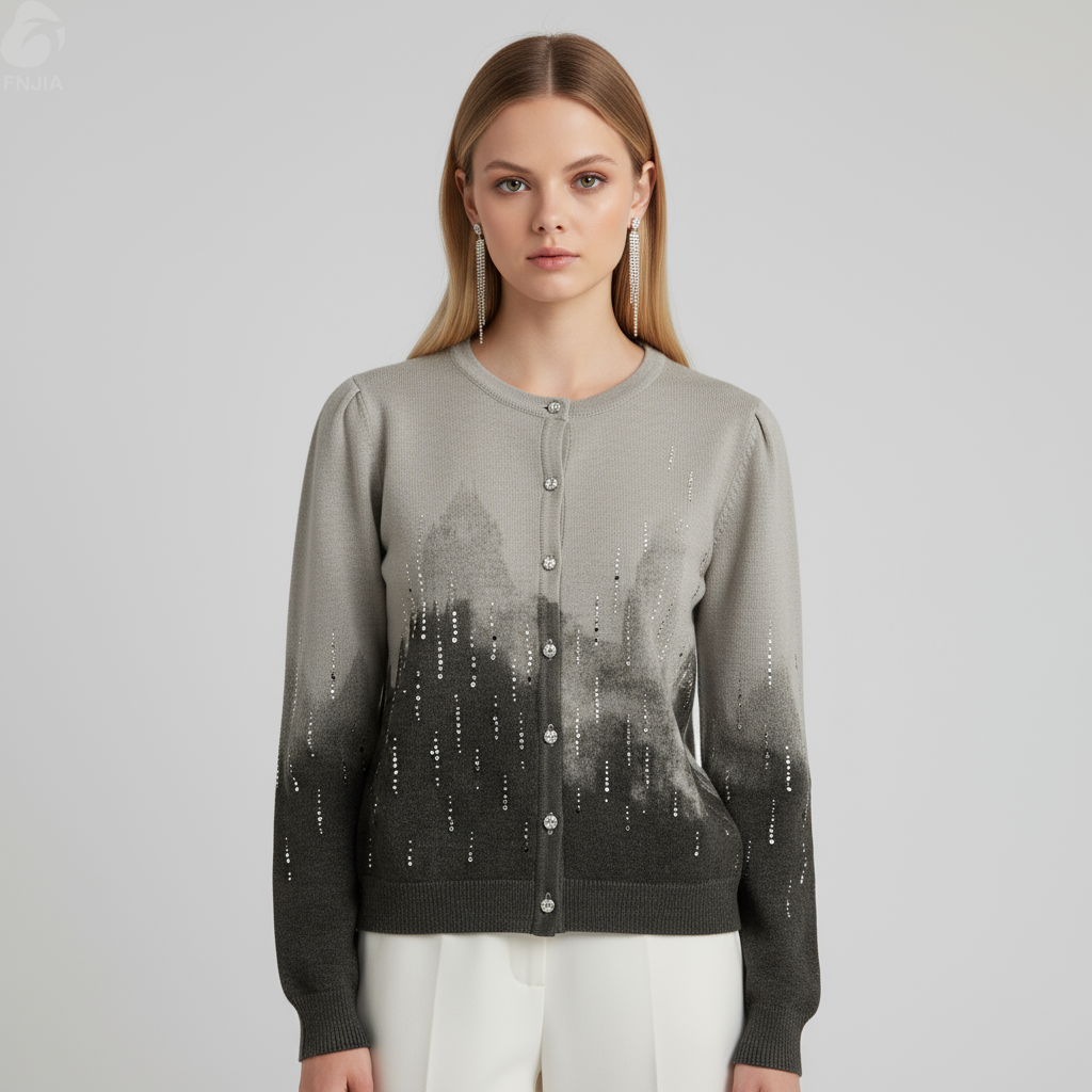 Женский серый вязаный кардиган в стиле омбре, украшенный блестками, с хрустальными пуговицами