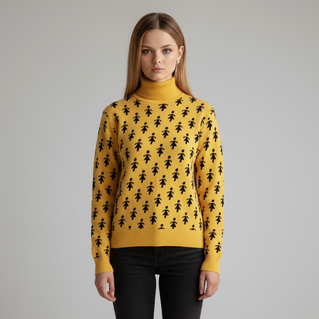 Женский горчично-желтый свитер-водолазка с высоким воротом и нестандартным рисунком - игривая одежда для выступлений