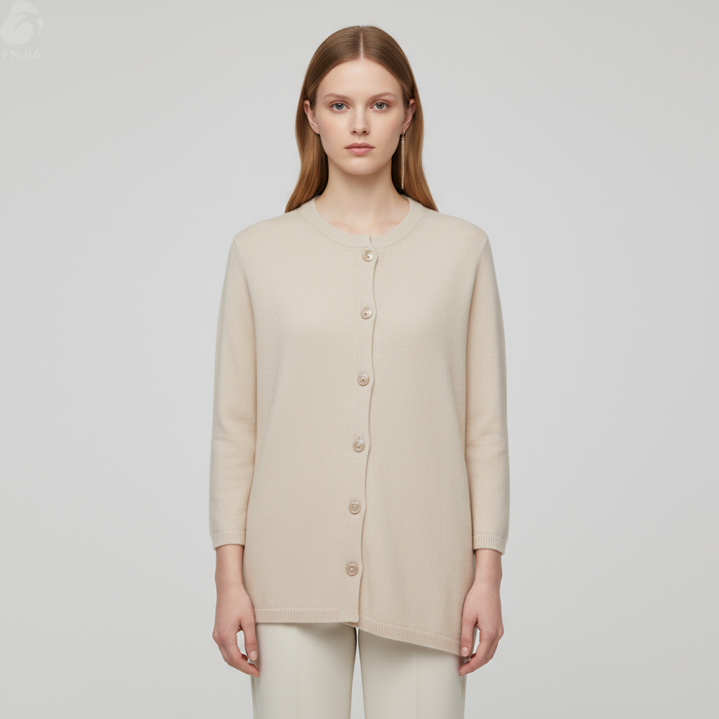 Женский бежевый вязаный кардиган оверсайз с круглым вырезом горловины - Универсальная одежда в стиле минимализма на заказ