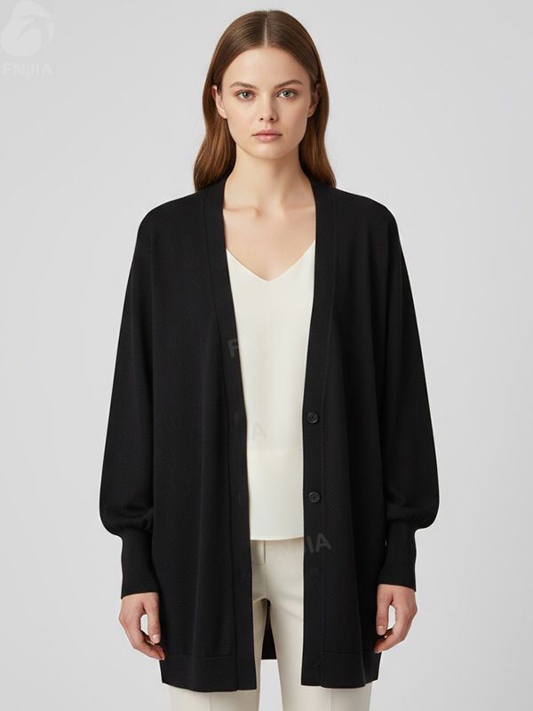 Женский черный вязаный кардиган оверсайз с V-образным вырезом и пышными рукавами - Универсальная одежда в стиле минимализма на заказ