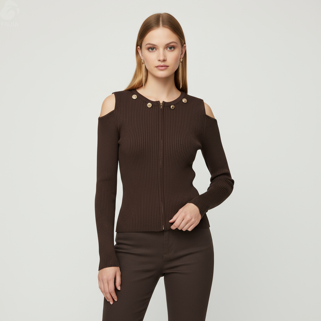 Женский кардиган с открытыми плечами и застежкой-молнией из трикотажа в рубчик шоколадного цвета - Стильная одежда на заказ