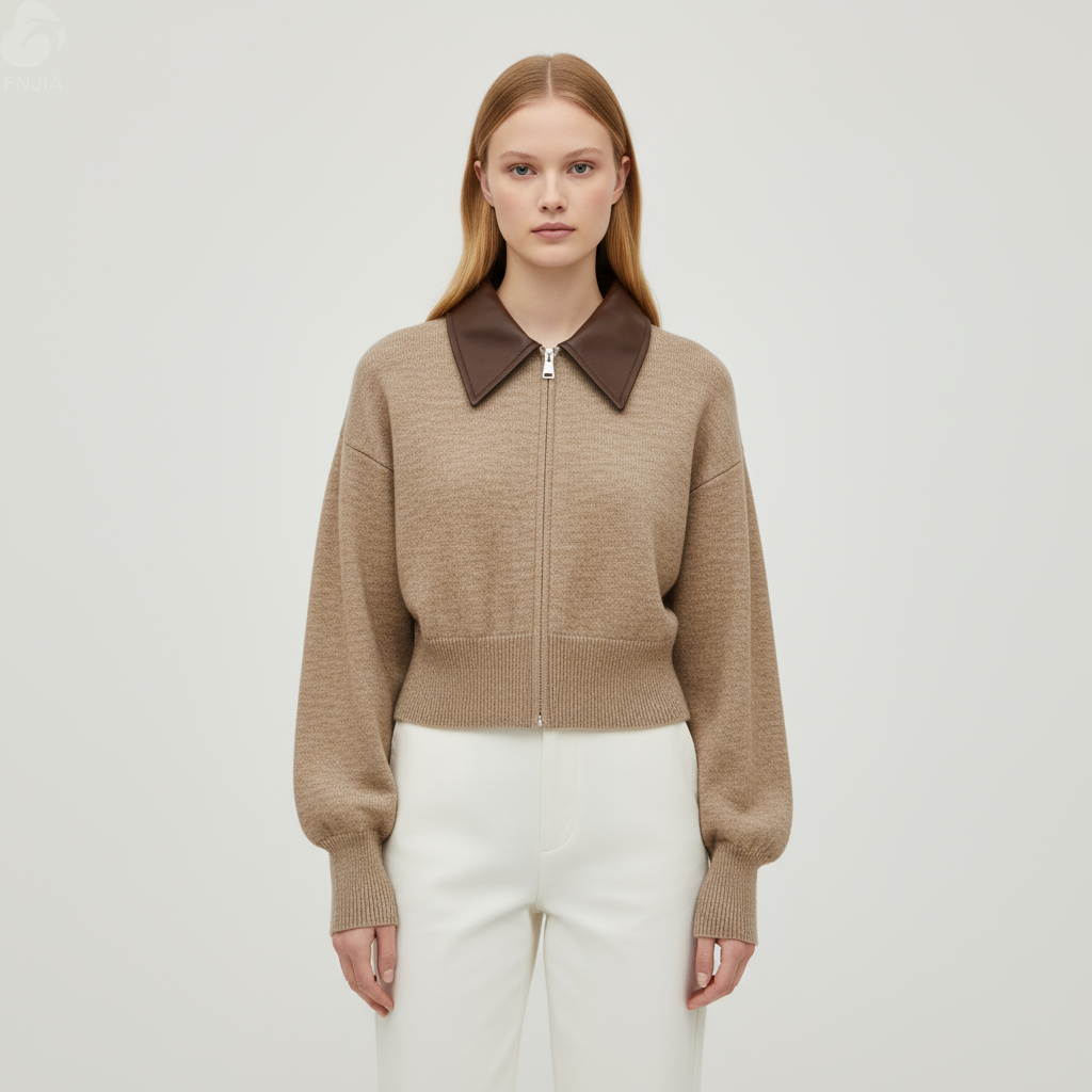 Женский укороченный кардиган верблюжьей вязки с кожаным воротником и застежкой на молнию