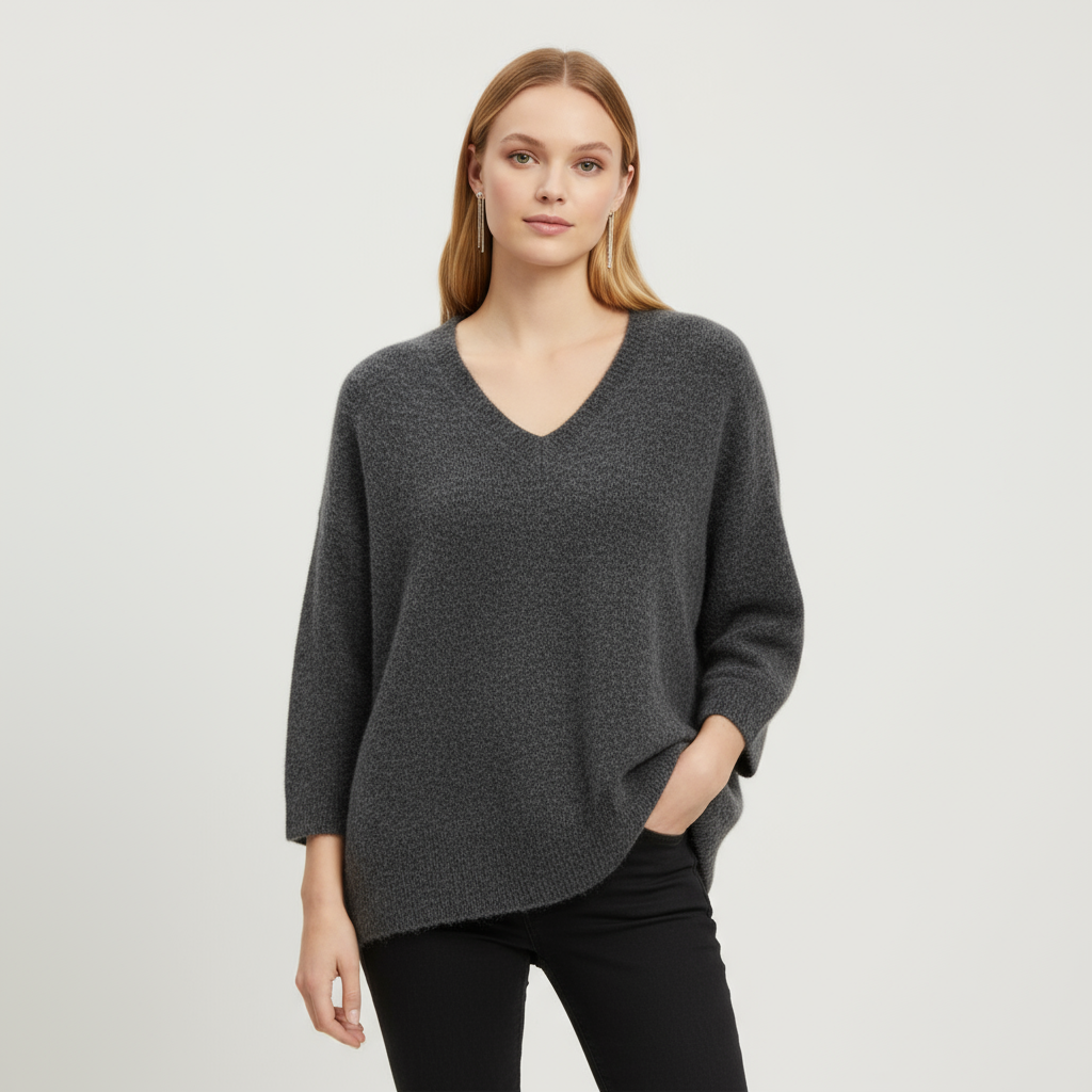 Женский свитер оверсайз с V-образным вырезом и ворсом цвета древесного угля - удобная повседневная одежда на заказ