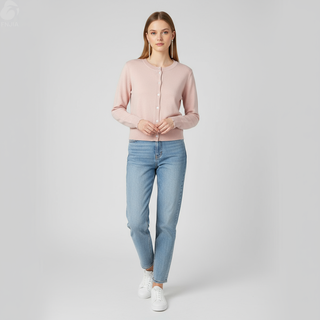 Женский приталенный кардиган розового цвета с круглым вырезом горловины - Индивидуальная многослойная одежда в стиле минимализма