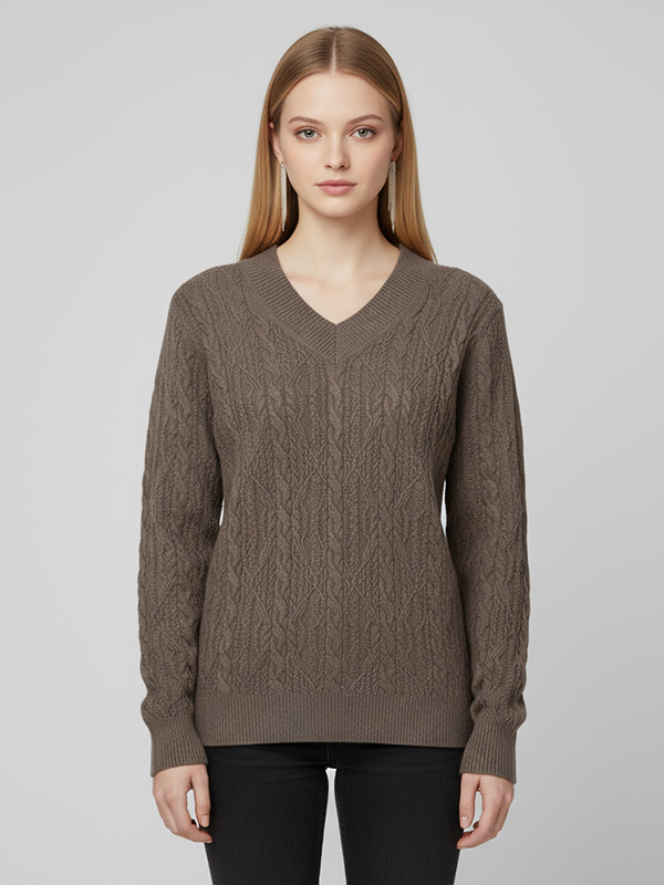 Женский темно-серый свитер сложной вязки с V-образным вырезом - Стильная повседневная одежда с необычной текстурой