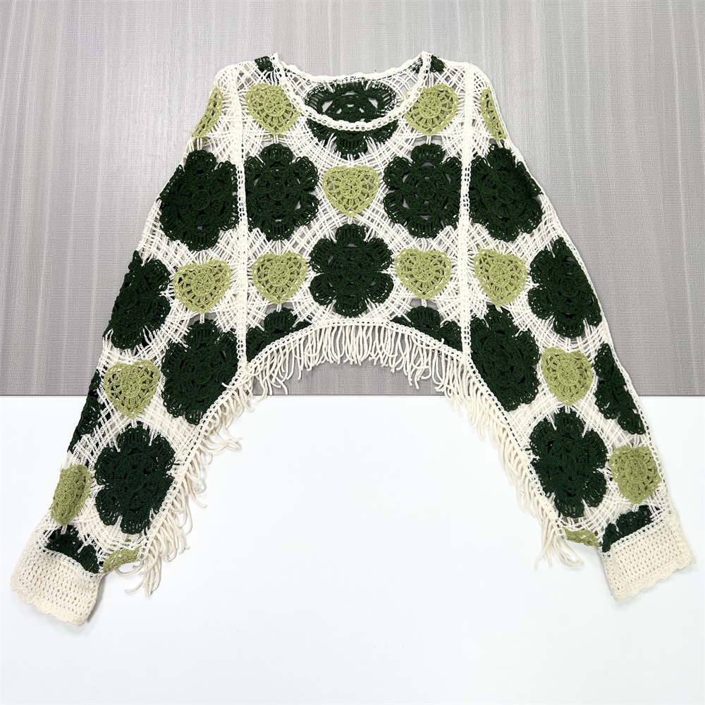 Женский вязаный свитер зеленого цвета и цвета слоновой кости с цветочной бахромой - Богемная мода на заказ-Повседневная одежда
