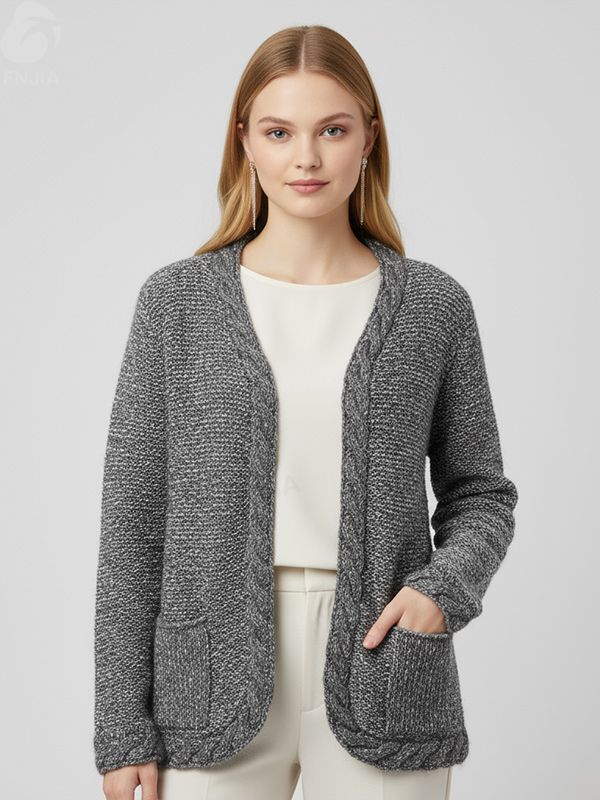 Женский кардиган вязаный крючком из вереска серого цвета с открытой передней частью и декоративным бантом и карманами