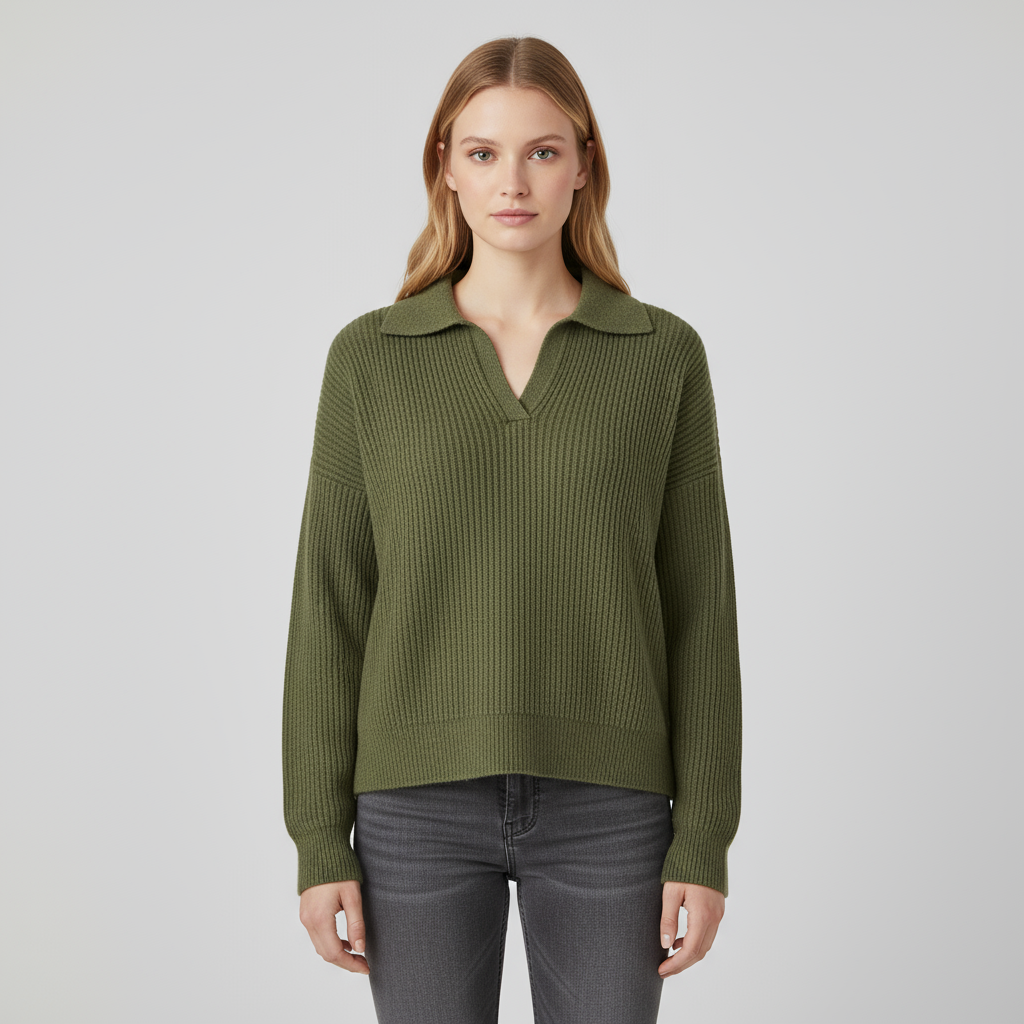 Женский вязаный топ-поло оливково-зеленого цвета с воротником в рубчик и длинными рукавами - Непринужденная повседневная одежда на заказ