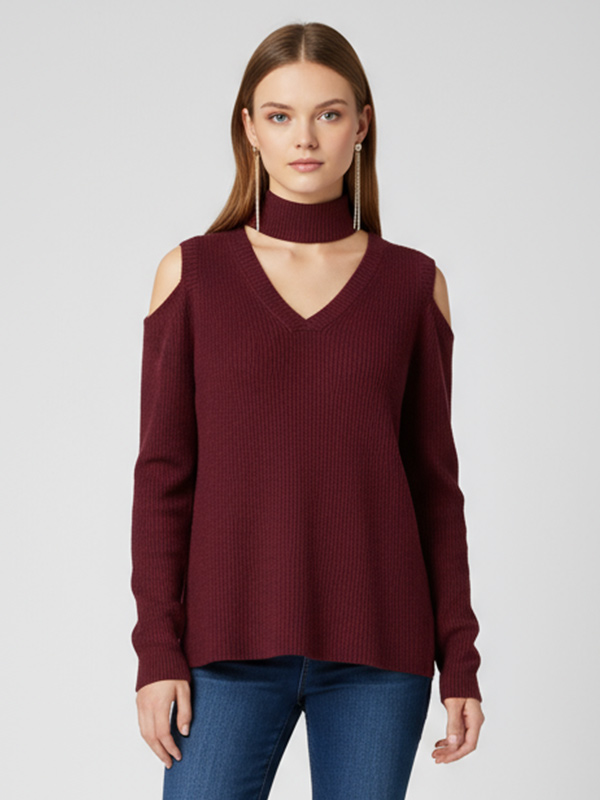 Женский бордовый свитер в рубчик с открытыми плечами и съемным колье - стильная повседневная одежда на заказ