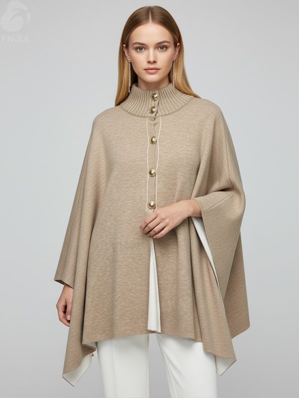 Женское бежевое вязаное пончо-водолазка с контрастной отделкой - Элегантная одежда на заказ