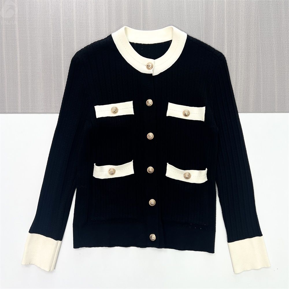 Женский кардиган из трикотажа в рубчик с контрастной отделкой черного и кремового цветов (в стиле Шанель) - Элегантная повседневная одежда на заказ