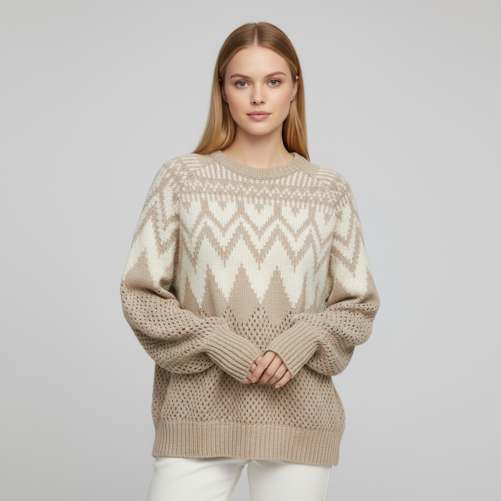 Женский вязаный свитер Fair Isle бежевого цвета и цвета слоновой кости с ажурными деталями - повседневная одежда в богемном стиле на заказ