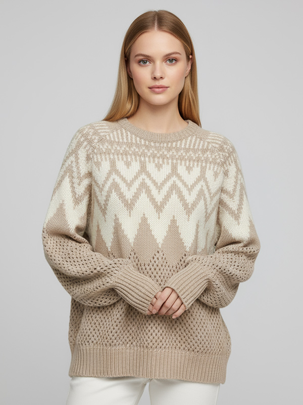 Женский вязаный свитер Fair Isle бежевого цвета и цвета слоновой кости с ажурными деталями - повседневная одежда в богемном стиле на заказ
