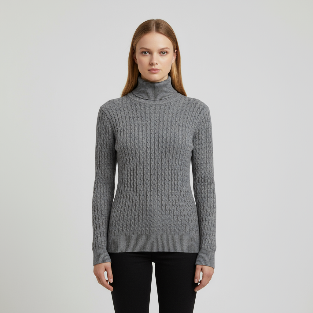 Женский серый приталенный свитер-водолазка с высоким воротом и текстурой плотной вязки - классическая текстурированная одежда на заказ