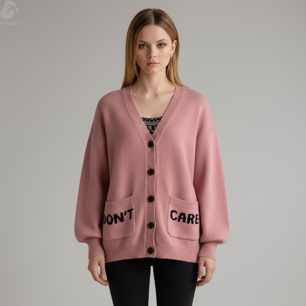 Женский вязаный кардиган нежно-розового цвета с графическим рисунком в виде сердца "Don't Care" - Стильная одежда на заказ