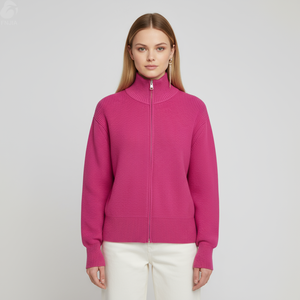 Женский кардиган-водолазка на молнии из трикотажа в рубчик цвета фуксии - смелая современная одежда на заказ