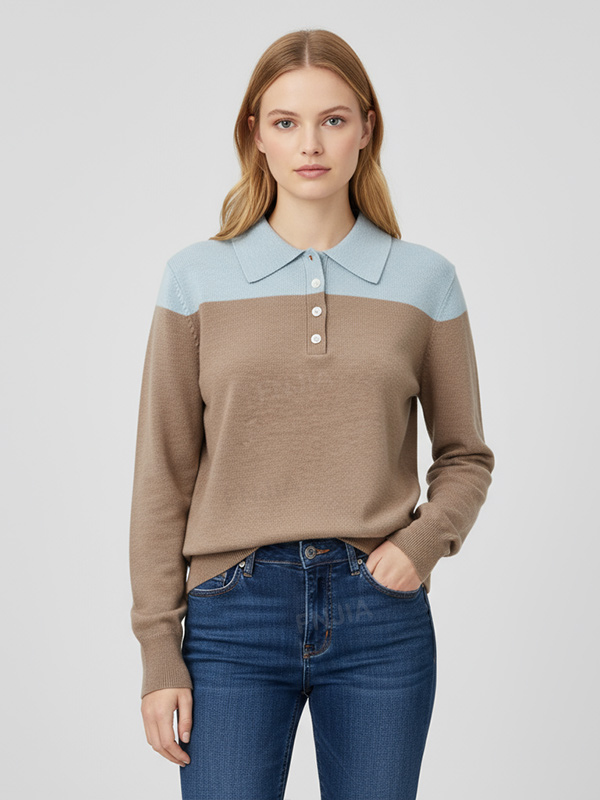 Женский вязаный топ поло с двухцветным воротником и длинными рукавами - Изысканная повседневная одежда на заказ