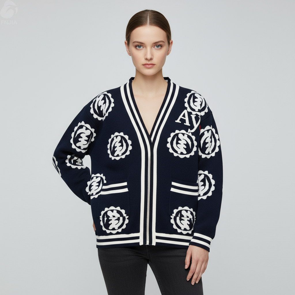 Женский темно-синий вязаный кардиган с рисунком "Интарсия" и украшениями - стильная одежда на заказ