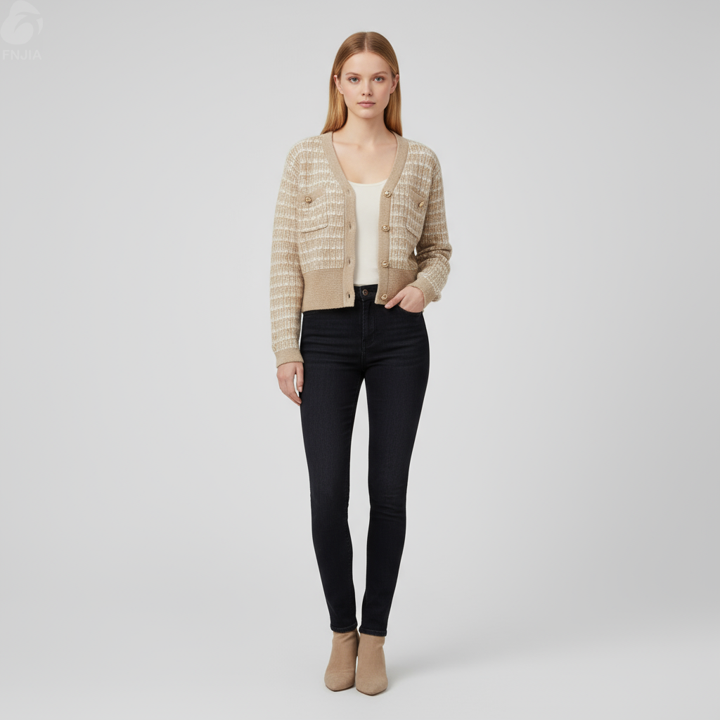 Женский укороченный вязаный кардиган в клетку из бежевого твида (в стиле Шанель) - Элегантная повседневная одежда на заказ