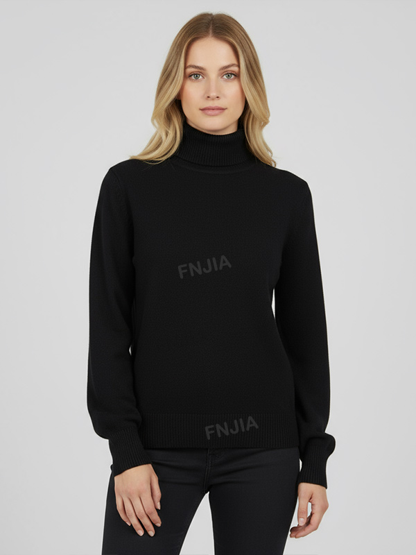 Женский черный свитер-водолазка свободного кроя с тонкой текстурой - Универсальная одежда в стиле минимализма