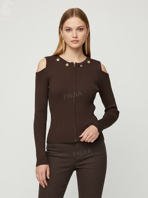 Женский кардиган с открытыми плечами и застежкой-молнией из трикотажа в рубчик шоколадного цвета - Стильная одежда на заказ