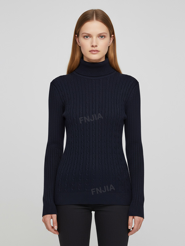 Женский темно-синий свитер-водолазка из трикотажа в рубчик с высоким воротом - классическая повседневная одежда на заказ
