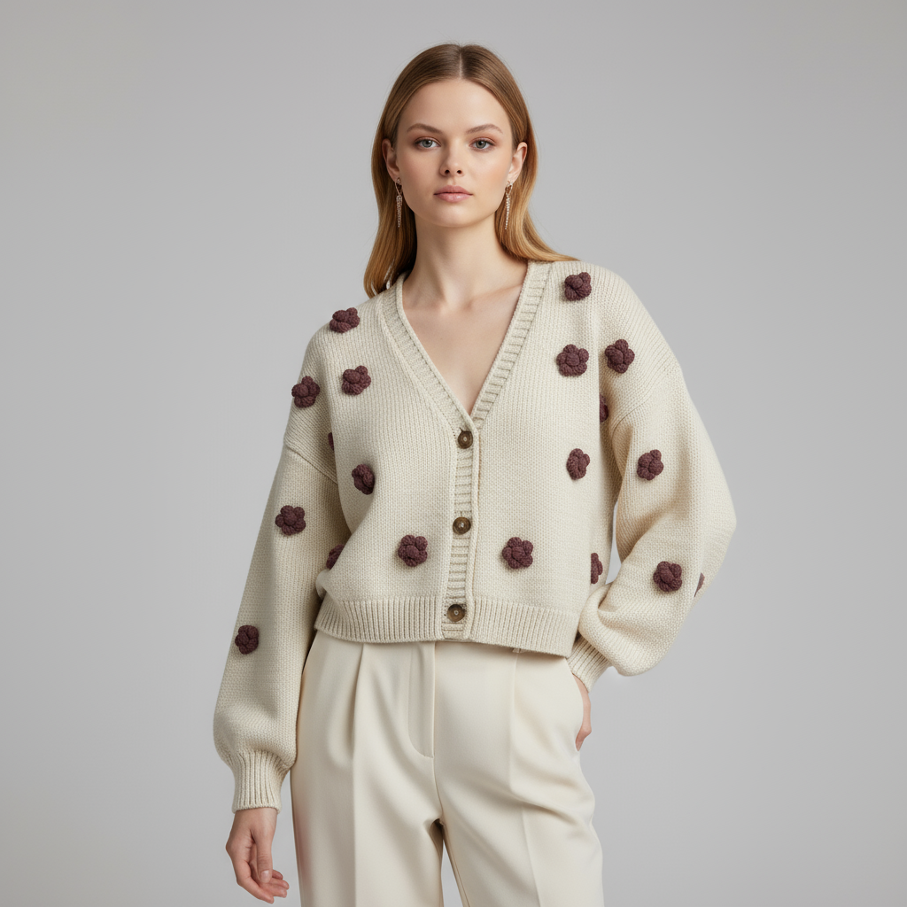 Женский кардиган цвета слоновой кости с V-образным вырезом и бордовыми 3D-цветочными украшениями - Игривая повседневная одежда на заказ