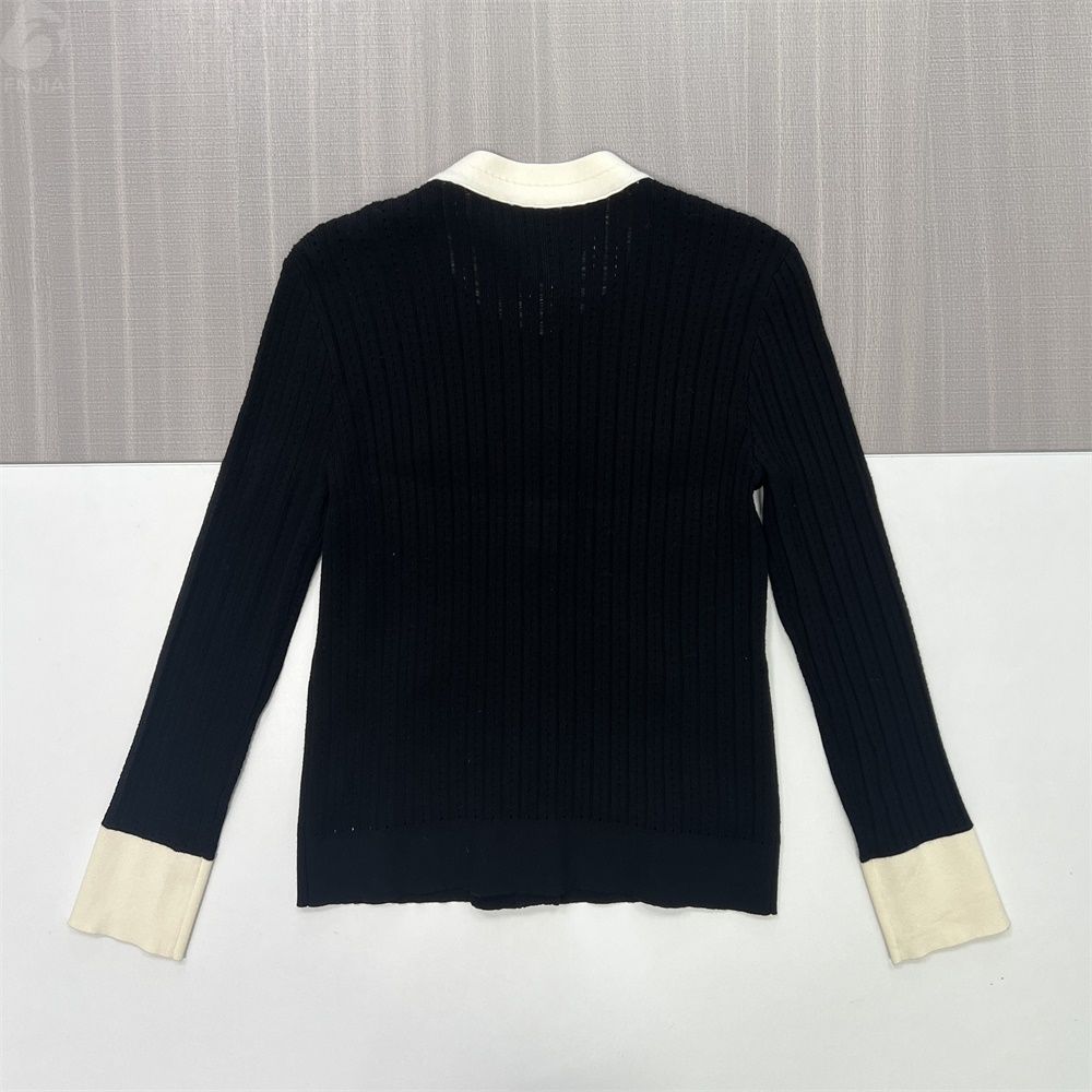 Женский кардиган из трикотажа в рубчик с контрастной отделкой черного и кремового цветов (в стиле Шанель) - Элегантная повседневная одежда на заказ