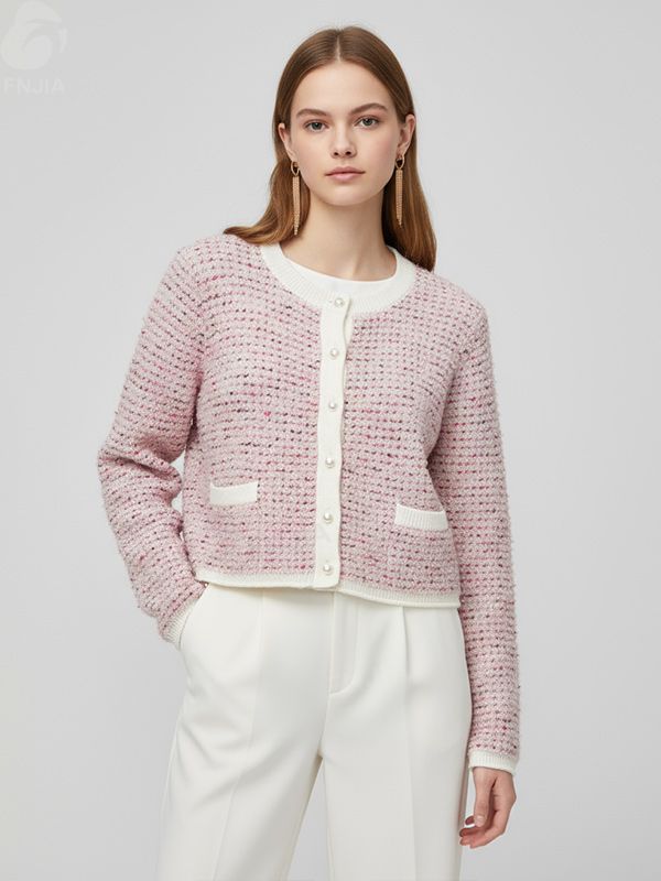 Женский укороченный кардиган из розового твида с жемчужными пуговицами и контрастными карманами