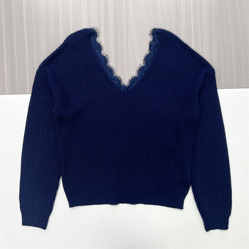 Женский темно-синий свитер в рубчик с V-образным вырезом и кружевной отделкой - Женская повседневная одежда на заказ