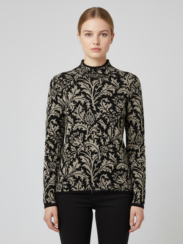 Женский черно-бежевый свитер-водолазка с цветочным узором в виде виноградной лозы - Элегантная одежда на заказ