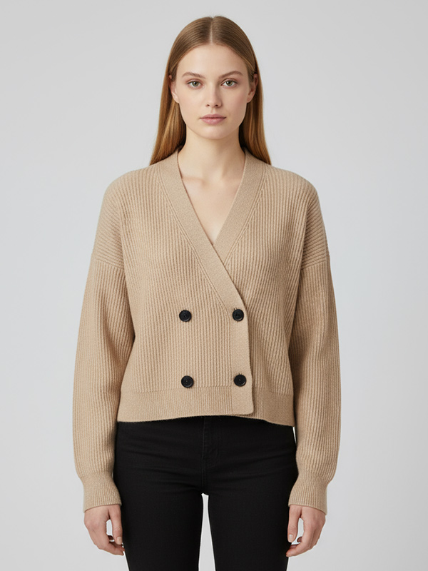 Женский бежевый двубортный кардиган в рубчик с запахом спереди - Изысканная повседневная одежда на заказ