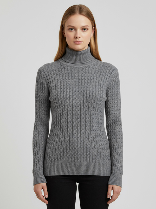 Женский серый приталенный свитер-водолазка с высоким воротом и текстурой плотной вязки - классическая текстурированная одежда на заказ